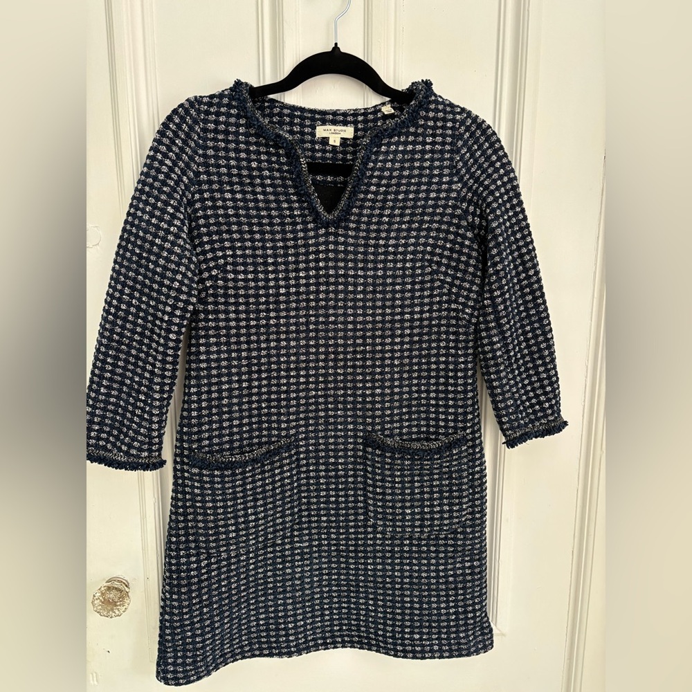 Max Studio London Mini Shift Dress 3/4 Sleeve Navy Pattern
